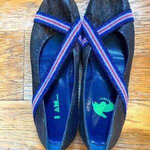 black/charcoal glittery slip on flats with blue/black/red elastic straps size 38